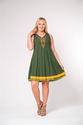 4603- K.Yeşil Nakışlı Elbise