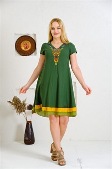 5003 Koyu Yeşil Nakışlı Elbise