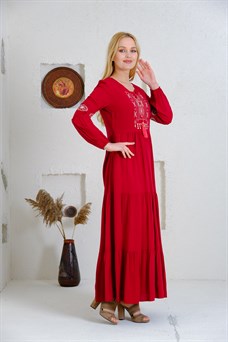 9041 Bordo Uzun Otantik Elbise