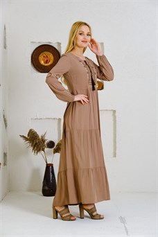 9041 Camel Uzun Otantik Elbise