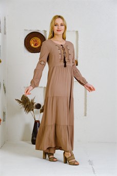 9041 Camel Uzun Otantik Elbise