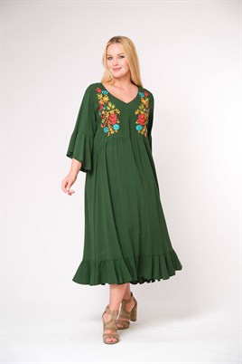 9055/K.Yeşil Büyük Beden Nakışlı Elbise