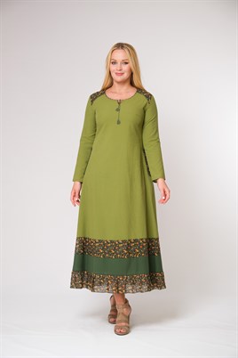 9073- A.Yeşil Otantik Uzun Elbise