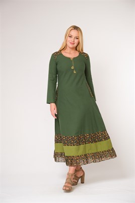 9073- K.Yeşil Otantik Uzun Elbise