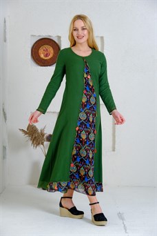 9074 Koyu Yeşil Uzun Otantik Elbise