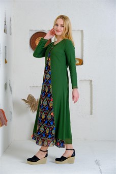 9074 Koyu Yeşil Uzun Otantik Elbise